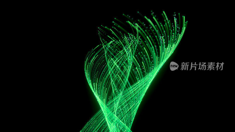 3 d渲染。抽象漩涡波浪绿色霓虹灯线在运动，孤立在黑色背景。未聚焦的散景灯